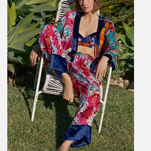 Anthropologie Other - NWOT Anthropologie Floral Lounge Pajama Pants Velvet Trim new pink